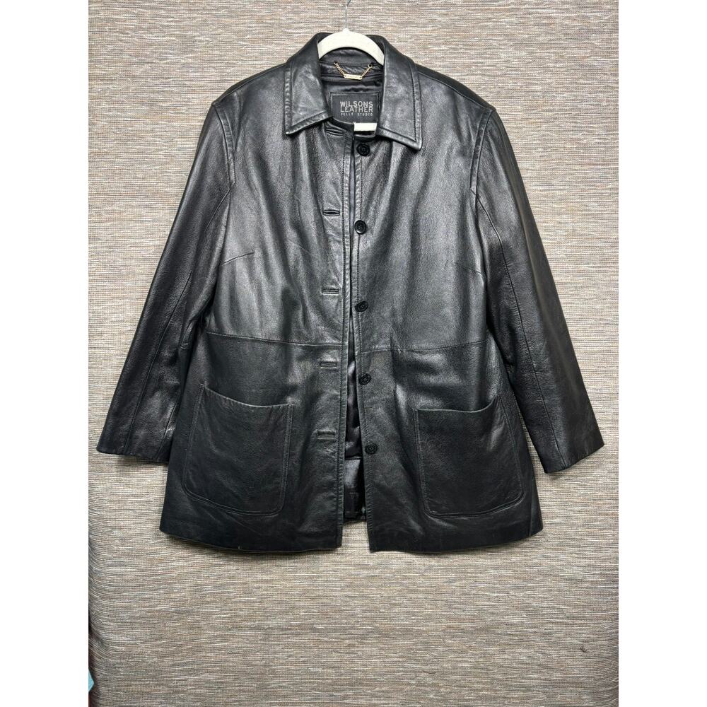 Wilsons Leather Jacket Womens 1X Black Button Front Genuine Leather Motorcycle